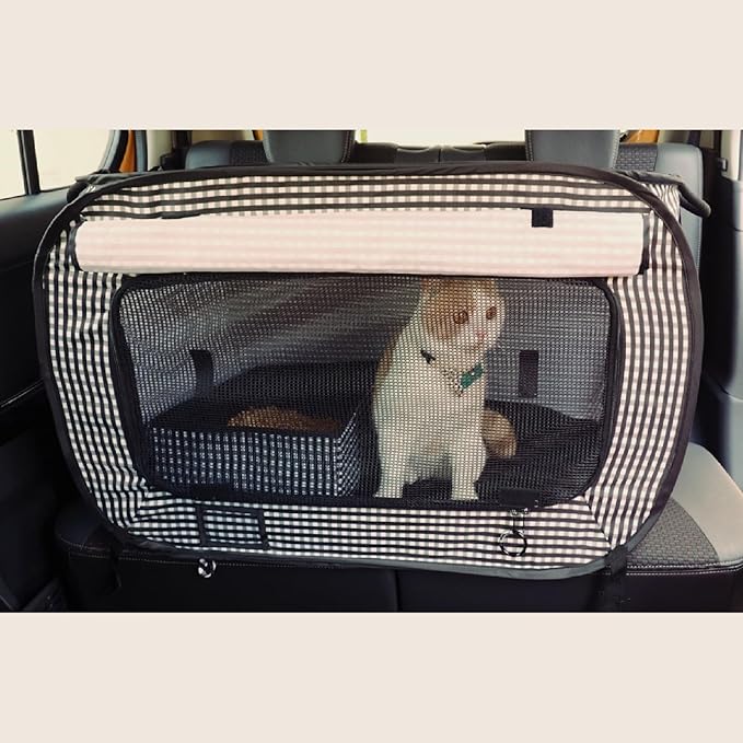 Necoichi Stress-Free Enclosure Cat Travel Carrier Cage 31.8" L x 20.0" W x 20.0" H Collapsible Gray White Stripes | Pop up Kannel, Crates