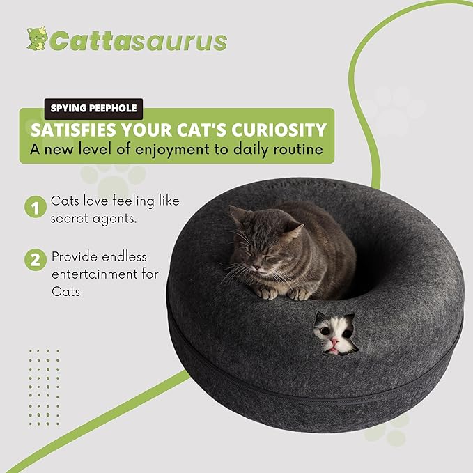 CATTASAURUS Peekaboo Cat Cave for Multiple & Large Cats Up to 30-45 Lbs, Scratch Detachable & Washable Tunnel Bed, Comfy Donut Cat Cave (Light Gray + Dark Gray, Large)