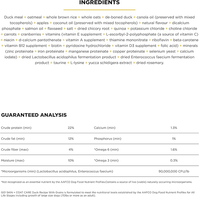 Go! Solutions Skin + Coat Care, Dry Dog Food, Duck Recipe with Grains, 22 lb Bag