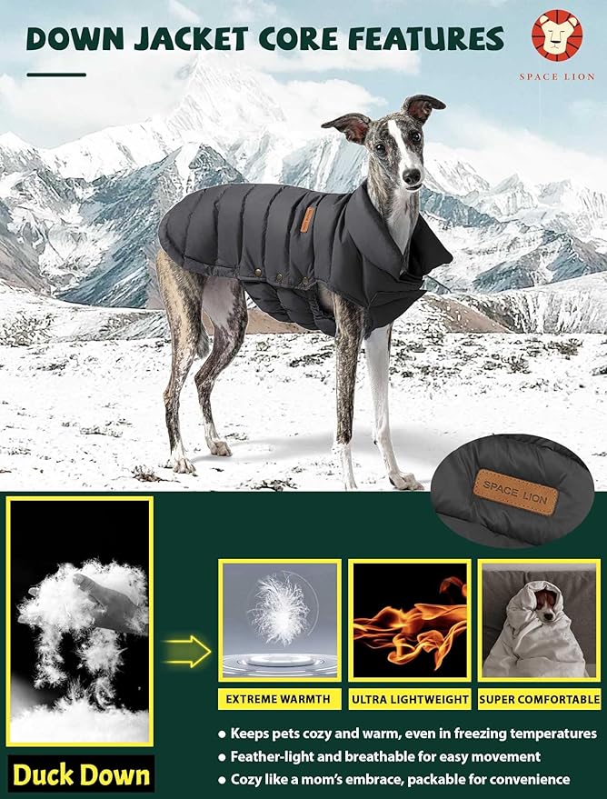 SPACE LION Puffer Jacket, Down Winter Coat, Waterproof, Windproof, Lightweight Jacket, Adjustable Fit Dog Coat for Small, Medium Dogs(Black,M)