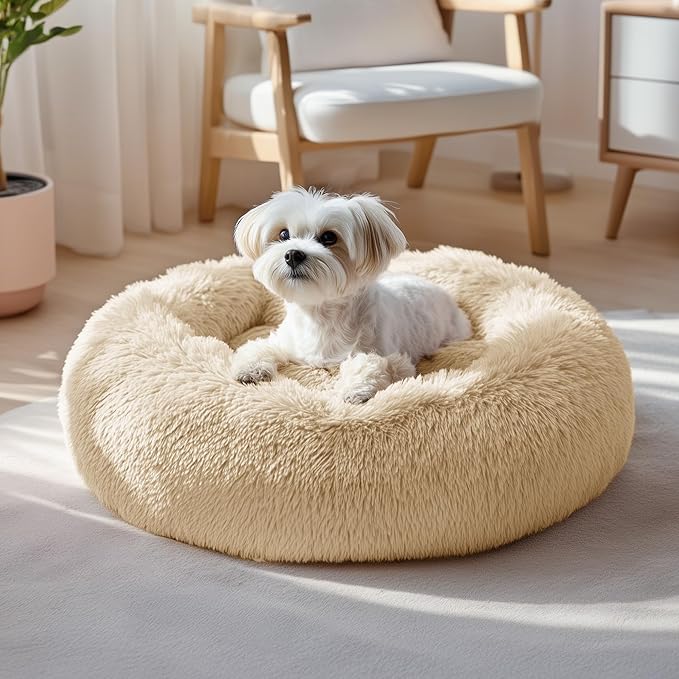 Deconovo Calming Donut Dog Bed, Washable Plush Round Pet Bed for Small Dogs & Cats with Raised Rim, Non-Slip Base and Soft Faux Fur—Lightweight, Easy-Care Design Beige 25" L x 25" W x 8" Th