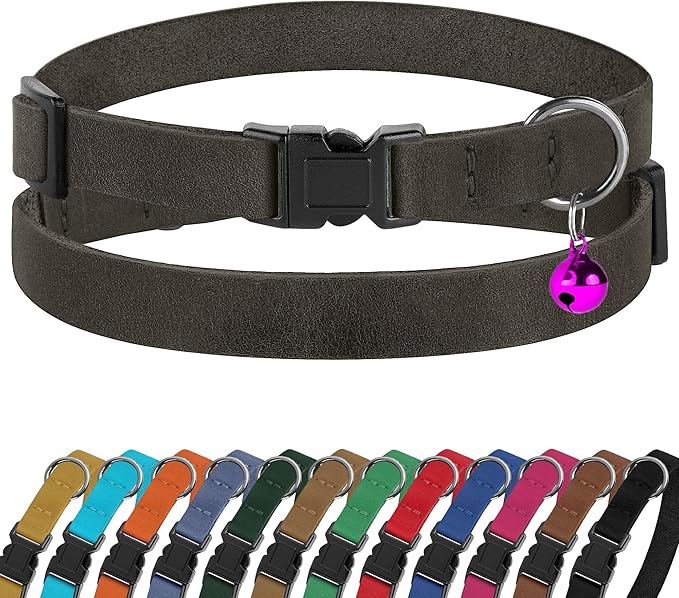 Breakaway Cat Collar Leather with Removable Bell - 13 Colors Available - Soft Adjustable Girl Boy Safety Lightweight Pet Kitten Collars Pink Brown Blue Green Red Orange Black (Graphite)