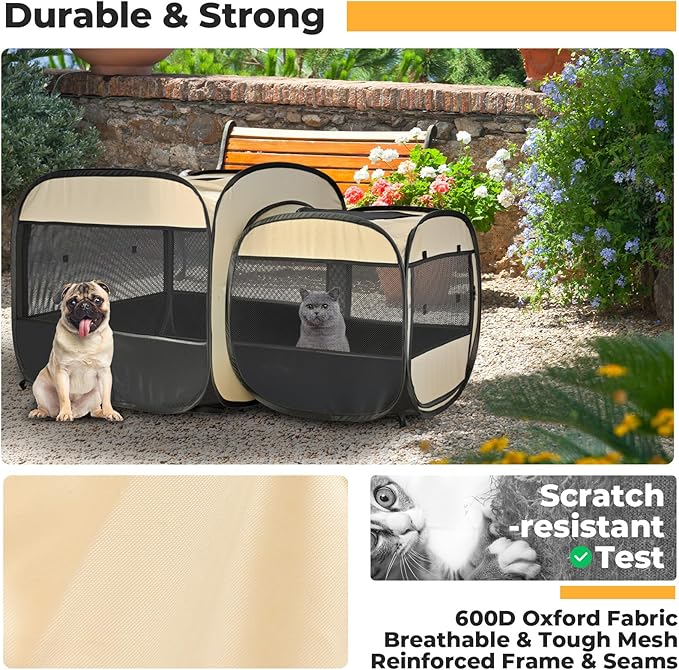 2-in-1 Portable Cat Playpen, Pop up Pet Kennel Play Pen Cat Tent House Cage, Foldable Puppy Enclosure Kitten Crates Indoors Outdoor(Beige)(No Divider, Pass-Through)