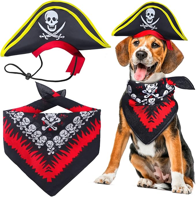 2 Pieces Skull Print Pet Pirate Hat with Pirate Skull Bandana Dog Cat Captain Cap Halloween Pirate Cosplay Costume Halloween Party Hat Dress Up Costume Accessories (C) One Size