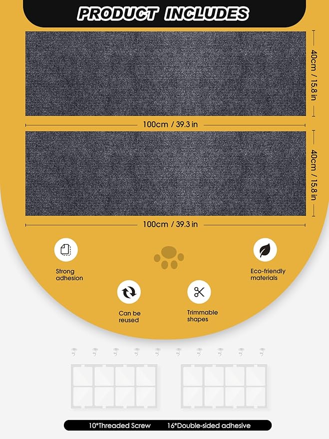 2PCS 39.4"x15.8" Cat Scratch Mat, Trimmable Self-Adhesive Carpet, DIY Climb Cat Scratcher for Furniture Couch or Wall Protector, Covering Cat Scratching Post Replacement Pads (Dark Gray)