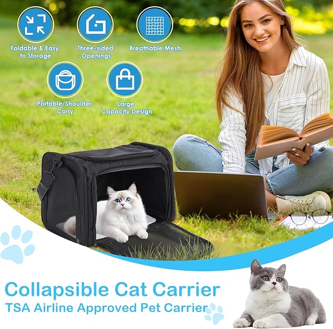 Cat Carrier Soft, Collapsible Cat Bag Carrier, TSA Airline Approved Pet Carrier for Cats with Removable Mat, Breathable Pet Travel Carrier for Small Medium Adult Pussy & Small Dogs (Black)