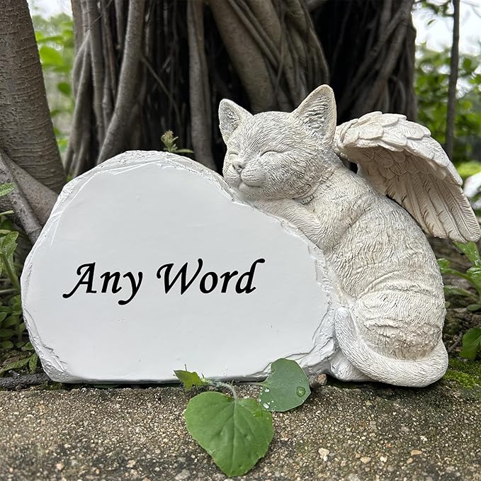 Personalized Cat Angel Memorial Garden Statue- Engraved Pet Cat Grave Marker Stone -Customizable Pet Memorial Gift with Any Word.