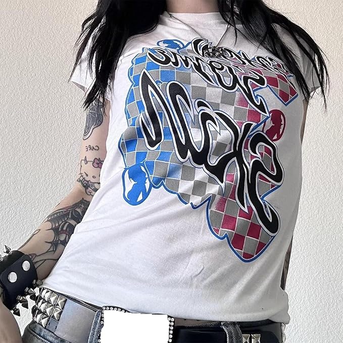 Gothic Tees for Women Y2K Grunge Graphic Short Sleeve Crew Neck T-Shirts 90s Vintage Aesthetic Emo Clothes