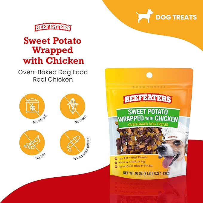 Beefeaters Sweet Potato Wrap with Chicken – Dog Treat. No Corn, Wheat, Soy or Gluten, Low Fat, Whole Muscle Jerky, Ideal for Training & Snacks