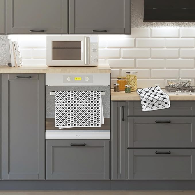 Black and White Diamond Dog Paw Kitchen Towels, Dog Lover Mom Gifts Dish Tea Towels for Kitchen Decor, Puppy Pet Lover Gifts Hand Towels for Bathroom Decor, 16x24 Inch Set of 2