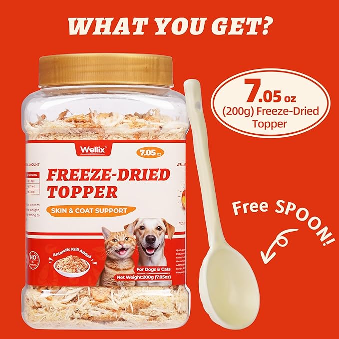 Wellix Dog & Cat Food Topper - Antarctic Krill Treats Freeze Dried Egg Yolk&Chicken Flavor Low Calorie - Cognitive and Skin & Coat Support - Healthy Cat Treats for Indoor Cats