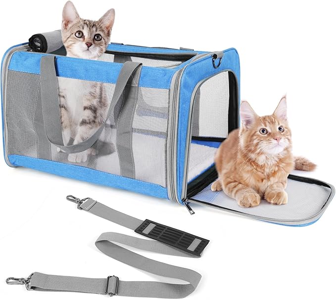 Pet Carrier for Large Cats of 20 Lbs, Collapsible Carrier Bag for Big Cat or 2 Kittens,Soft Sided Puppy Carrier with Sturdy Travel Transport Strap, Adequate Ventilation, 4 Mesh Windows (Blue)