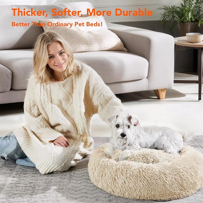 Deconovo Calming Donut Dog Bed, Washable Plush Round Pet Bed for Small Dogs & Cats with Raised Rim, Non-Slip Base and Soft Faux Fur—Lightweight, Easy-Care Design Beige 30" L x 30" W x 8" Th