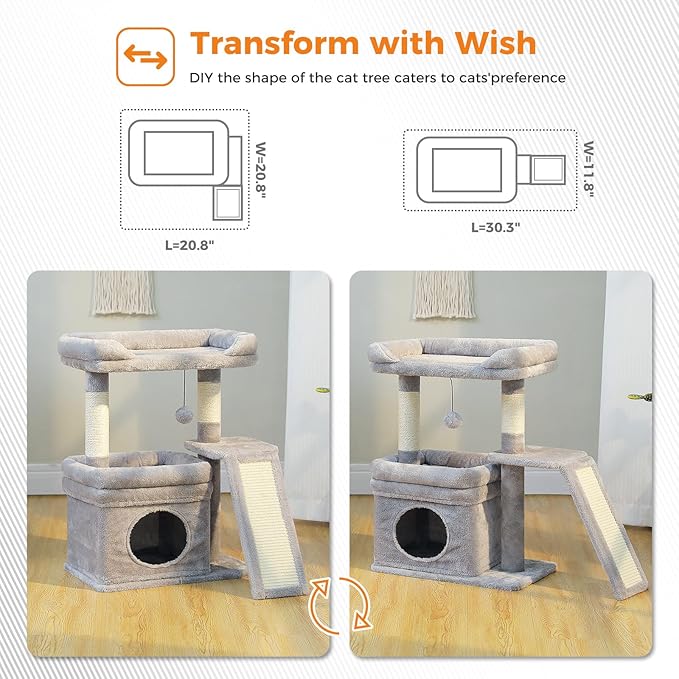 PEQULTI Small Cat Tree Tower for Large Adult Cats with Wide Top Perch, Private Cat Condo and Sisal Scratching Post&Pad for Indoor Cats, Gray