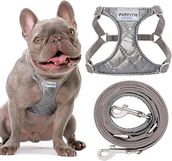 Puppytie No Pull Dog Harness with Multifunction Dog Leash,Soft Adjustable No Choke Escape Proof Pet Harness Vest for Medium Dogs,Glossy Grey,M