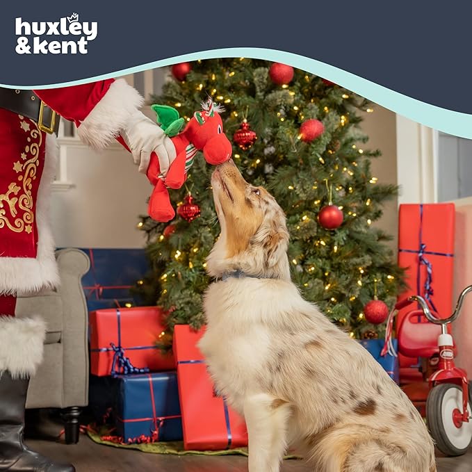 Huxley & Kent Funny Dog Toy w/Squeaker – Holiday Power Plush Squeaky Dog Toys for Small, Medium & Large Dogs – Soft Stuffed Animal for Indoor Play & Fetch - Snowball Dragon, Small