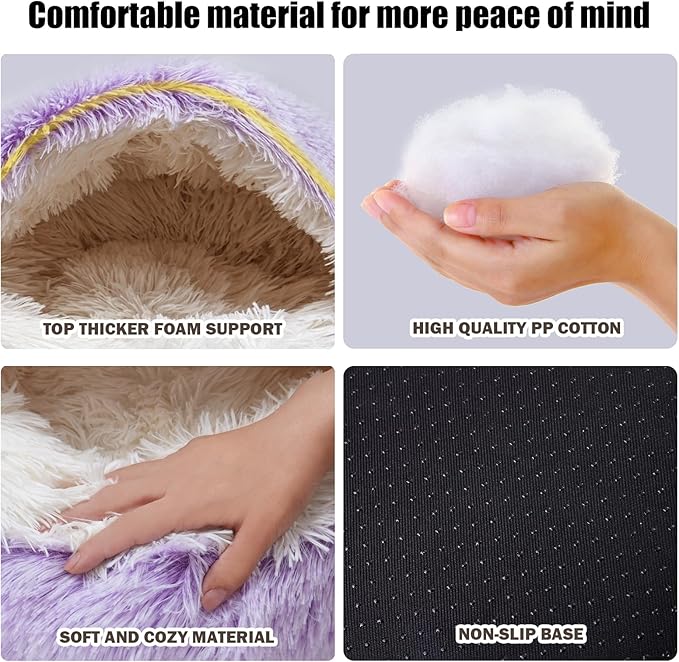 Calming Dog Beds & Cat Cave Bed with Hooded Cover,Washable Round Beds for Small Medium Pets,Anti-Slip Faux Fur Fluffy Coved Bed,Comfortable Warming Pet Bed(20 * 20inch,Purple)