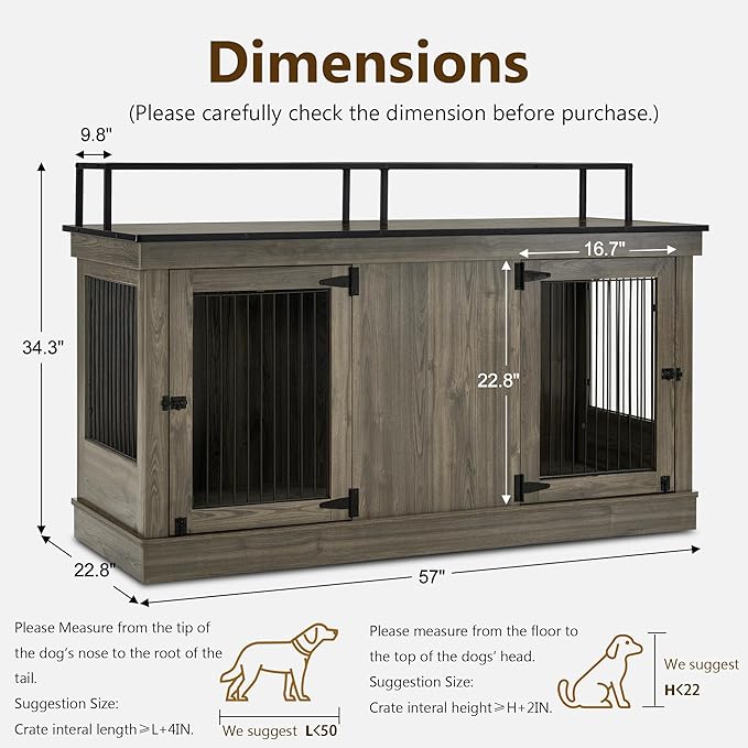 MCombo Large Dog Crate Furniture TV Stand, Wooden Pet Kennel with Double Doors, Indoor Furniture Style Dog House End Table, 1861 (Brown)