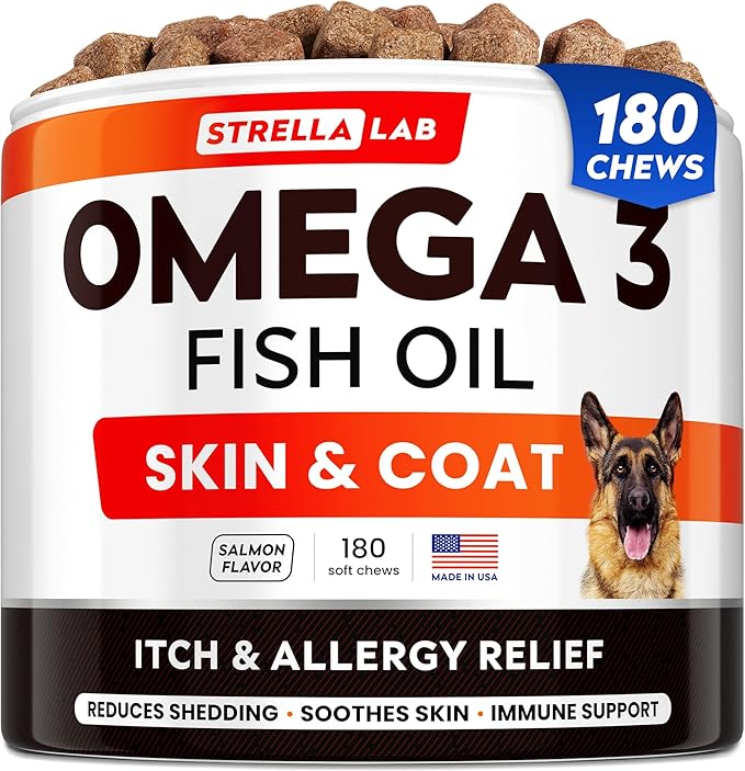 STRELLALAB Omega 3 for Dogs - (180Ct) Fish Oil Treats - Allergy & Itch Relief Skin & Coat Supplement - Dry Itchy Skin, Anti Shedding & Hot Spots Treatment - Pet Salmon Oil Chews - Salmon Flavor