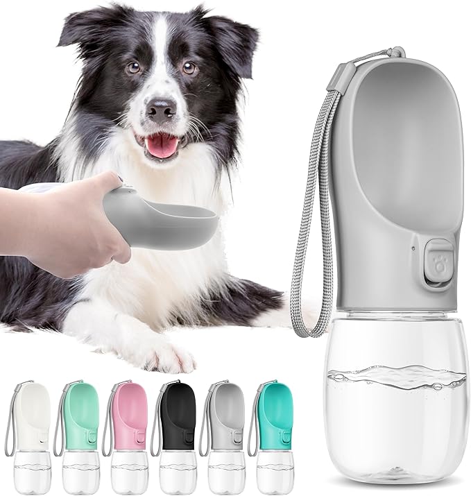 Portable Travel Dog Water Bottle with Bowl, Leak Proof, Convenient for Walking, Hiking and Camping (Gray, 12oz)
