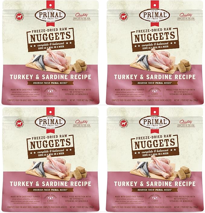 Primal Freeze Dried Raw Dog Food Nuggets, Turkey & Sardine, Complete & Balanced Meal, Also Use as Topper or Treat, Premium, Healthy, Grain Free, High Protein Raw Dog Food, 14 oz (Pack of 4)