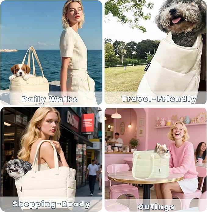 Lightweight Dog Purse Carrier for Small Dogs Under 15 lbs, Puffy Quilted Pet Carrier Tote for Puppies with Safety Leash Clip, Women's Hands-Free Dog Carrier Bag for Travel/Shopping (Black)