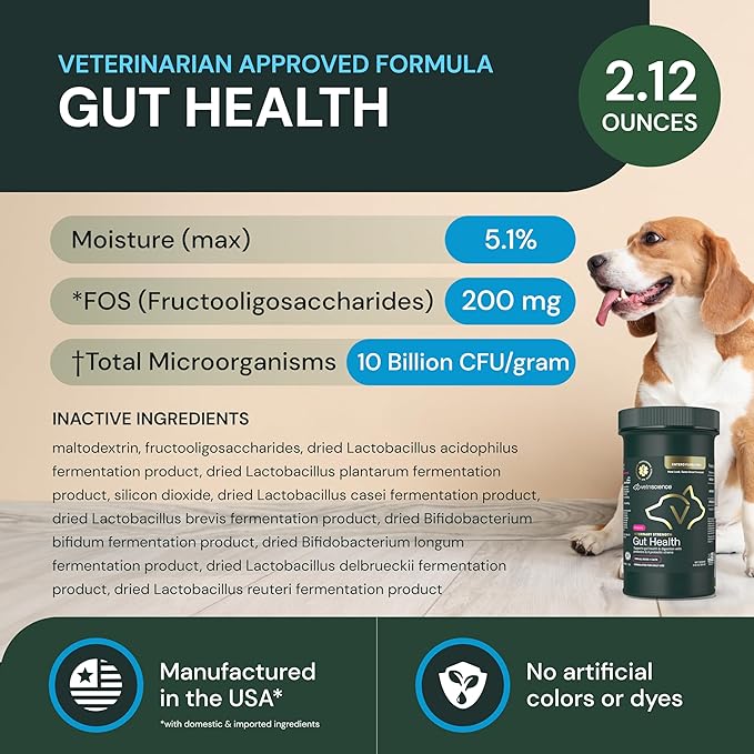 VetriScience Veterinary Strength Gut Health Powder - Gut Health Supplement for Pets - Immunity Support - Pet-Friendly Probiotic Powder - Tasteless & Odorless - 60 Servings