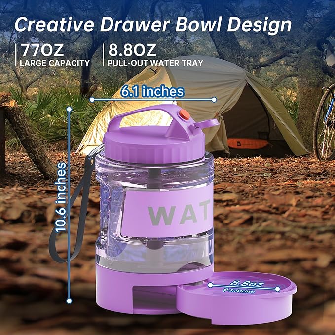 77oz Dog Water Bottle with Dispenser Bowl, 2200ml Capacity, Purple, Portable Pet Travel Bottle with Strap