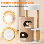 Modern Cat Tree for Indoor Cats, 36in H Cat Condo Tower with Scratching Posts, Cozy Cat Bed Cave, Washable Cushions, Dangling Balls, Play & Nap Structure for All Breeds of Cats, Brown & White