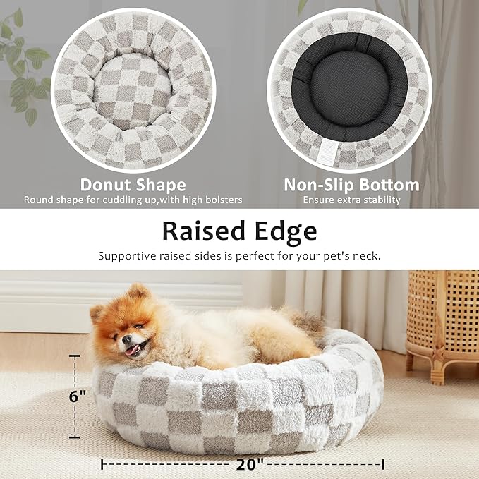 Love's cabin Round Donut Cat and Dog Cushion Bed, 20in Pet Bed for Cats or Small Dogs, Anti-Slip & Water-Resistant Bottom, Super Soft Durable Fabric Pet beds, Washable Luxury Cat & Dog Bed Grey Plaid