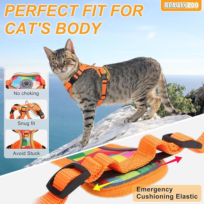 BEAUTYZOO Cat Harness and Leash Escape Proof for Walking[MAX Safety Upgrade]- Neck Release Adjustable Harness for Cats Puppy,Soft Comfortable Lightweight & Reflective Travel Kitten Harness for Outdoor
