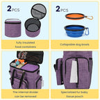 Modoker Dog Travel Organizer Carriers for Supplies & Accessories, Airline Approved Cat Pet Travel Bag, 2 Collapsible Bowls, 2 Travel Dog Food Container, Purple