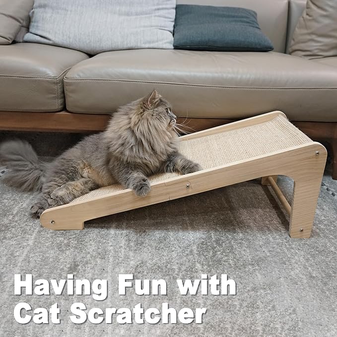 Meeyoview Sisal Cat Scratcher Ramp, 27'' L Shape Scratching Post, Vertical Cat Scratcher for Indoor Cats, Solid Wooden Scratch Pad, Furniture Protector with Catnip