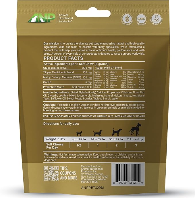 ANP Super Multi-Vitamin, Natural No Animal Proteins, 60 Soft Chews for Dog Gut Health and Immune System, CoQ10, Probiotics 5M CFUs and Glucosamine