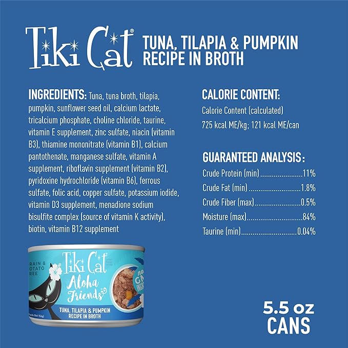 Tiki Cat Aloha Friends, Tuna, Tilapia & Pumpkin, Grain-Free & High Moisture, Wet Cat Food for All Life Stages 5.5 oz. Cans (Pack of 8)