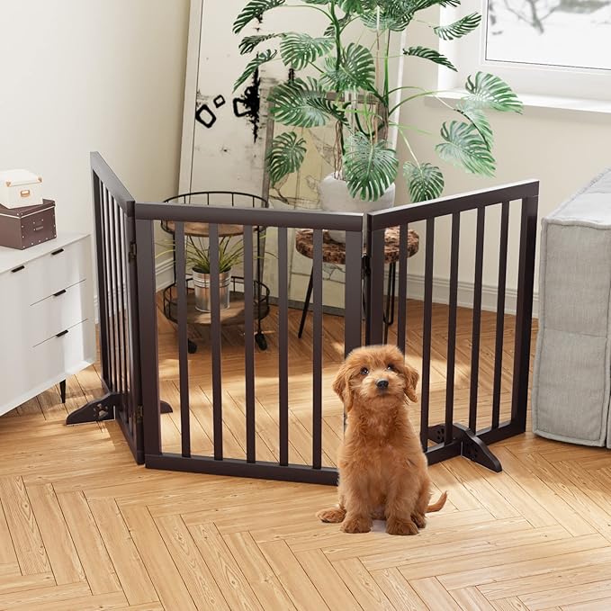 Semiocthome Free Standing Pet Gates for Dog Indoor, 3-Panel Puppy Gates for The House with 2PCS Support Feet, 24“(H) Folding Dog Gate for Stairs Expands Up to 55" (W) No Installation Resquired- Brown
