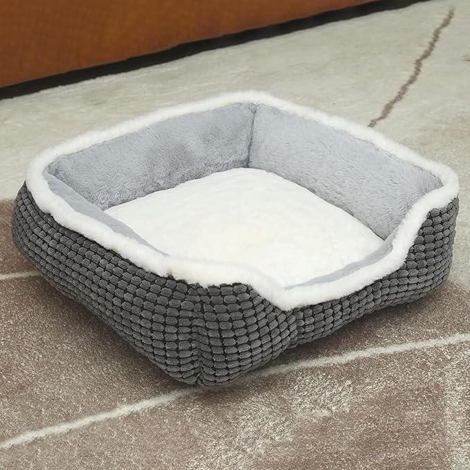 Dog Bed for Medium Size Dogs, Cute Cat Beds for Indoor Cats, Super Soft Washable Cat Bed with Anti-Slip & Water-Resistant Bottom, Luxury Durable Kitten Bed and Puppy Bed, Square Grey Animal Pet Beds