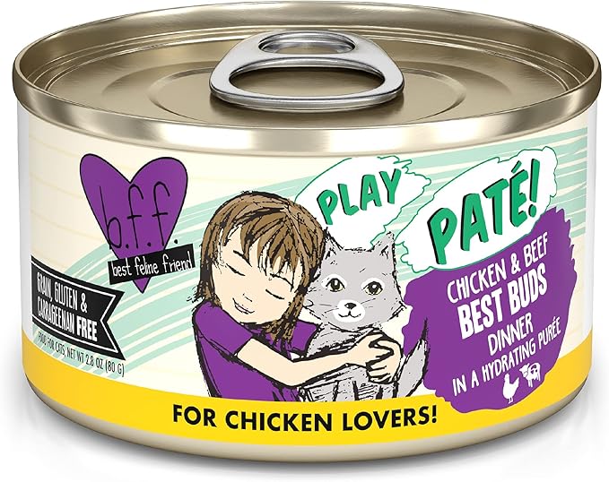 Weruva B.F.F. Play - Best Feline Friend Paté Lovers, Aw Yeah!, Chicken & Beef Best Buds with Chicken & Beef, 2.8oz Can (Pack of 12)