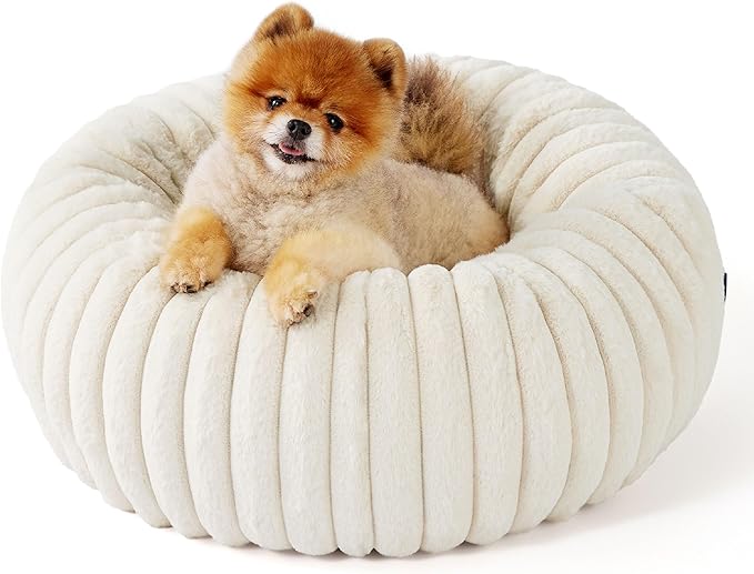 Bedsure Donut Small Dog Bed - Dog Beds for Small Dogs with Corduroy Fleece & Anti Slip Bottom, Round Faux Fur Pet Beds with Washable Removable Cover, Cream, 23x23x8 inches