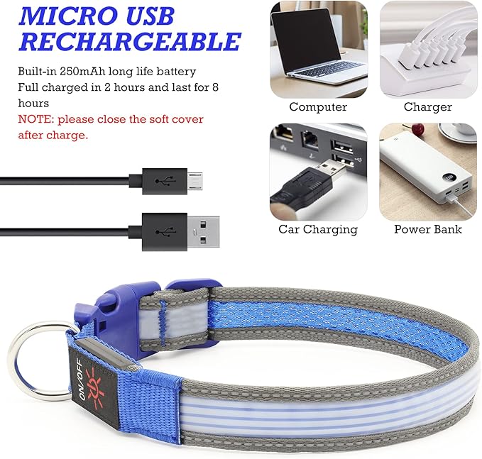 YFbrite Full Adjustbale LED Dog Collar, Full Illuminated Light up Dog Collars, Reflective Dog Collar Light Glowing in The Dark for All Dogs Safety (Large, Blue-2)