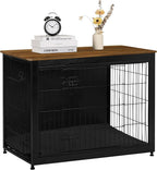 DWANTON Dog Crate Furniture with Cushion, Wooden Kennel Table with Double Doors, Indoor Dog House, Large Size, 38.5" L, Black+Warm Brown