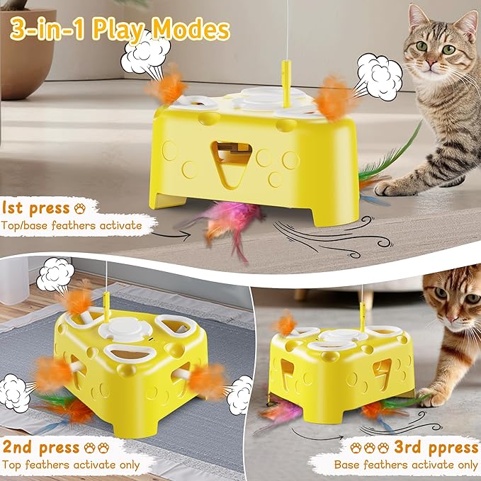 3-in-1 Automatic Cheese-Shaped Interactive Cat Toy – Flying Bird, 6-Hole Mole & Rotating Feather | USB Rechargeable Electronic Feather Toy for Indoor Adult Cats & Kittens, Relieves Boredom