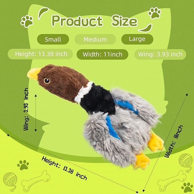 Extra-Plush Duck Dog Toy with 2 Squeakers & Crinkle – No Stuffing Gentle Chewer Squeaker for Calming Play, Hypoallergenic Soft Toy for Puppies to Senior Dogs (Long Pile, Brown & Grey)