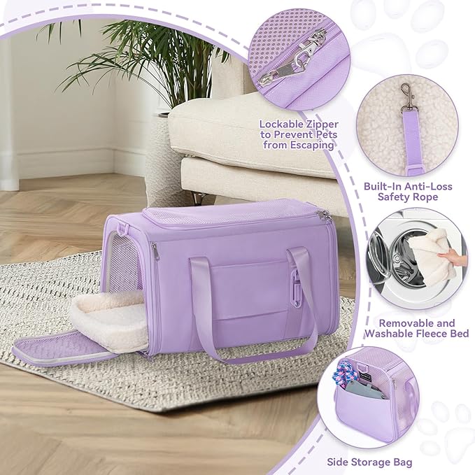 PETSFIT Soft-Sided Cat Carriers & Car Seats with Patent Safe Buckles, Clip-On Harness，19"x12"x12" Pet Travel Carrier - 20 lbs Capacity (Purple)