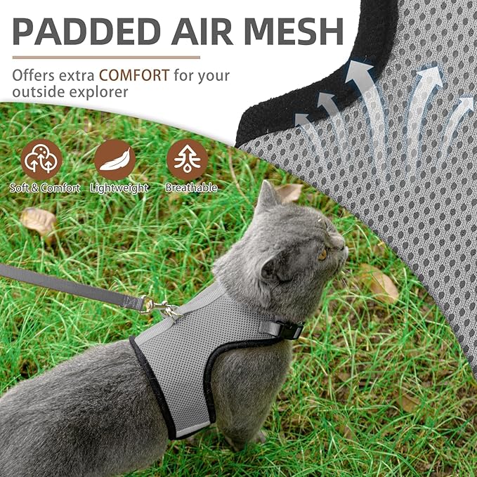 PUPTECK Soft Mesh Cat Vest Harness and Leash Set Puppy Padded Pet Harnesses Escape Proof for Cats Small Dogs Rabbits Bunny, Grey S
