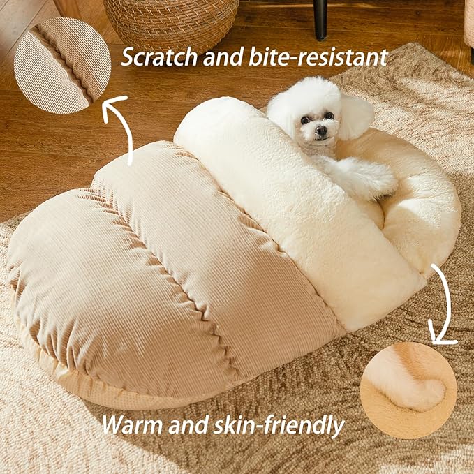 Bed for Dog and Cat, Pet Bed, Ultra Soft Cute Plush Slipper Cat Cave Bed, Anti Slip Warm Pet House Nest, Self-Warming, Ideal for Indoor Use - Fits up to 25lbs (30"X22", L, Light Brown)