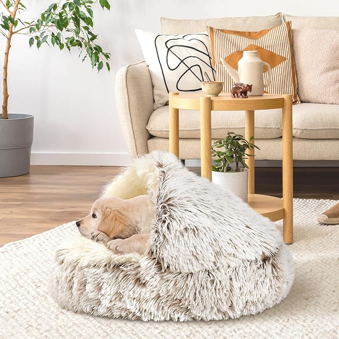 Calming Cat Beds, Fluffy Plush Round Cat Cave Washable, Cozy Warming Anti-Slip Small Dog Bed for Puppy and Kitten, Soft Anti Anxiety Pet Nest (24×24 inch, Coffee)