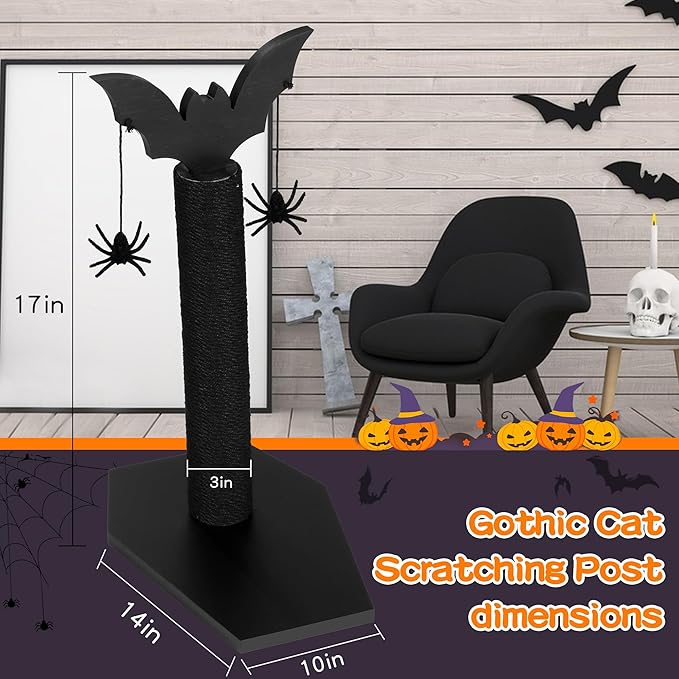 ROYALAY Gothic Cat Scratching Post with 2 Spiders Dangling Toys, Halloween Kitten Furniture for Cats Stuff, Black Halloween Cat Scratcher, Demon Styled Cat Tree for Halloween Decor