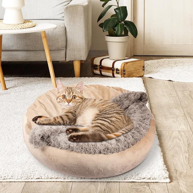JOEJOY Dog Beds for Small Medium Dogs, Cozy Cuddler Luxury Puppy Pet Bed with Blanket Attached, Donut Round Calming Anti-Anxiety Dog Burrow Cave Bed - Anti-Slip Bottom and Machine Washable 26 inch