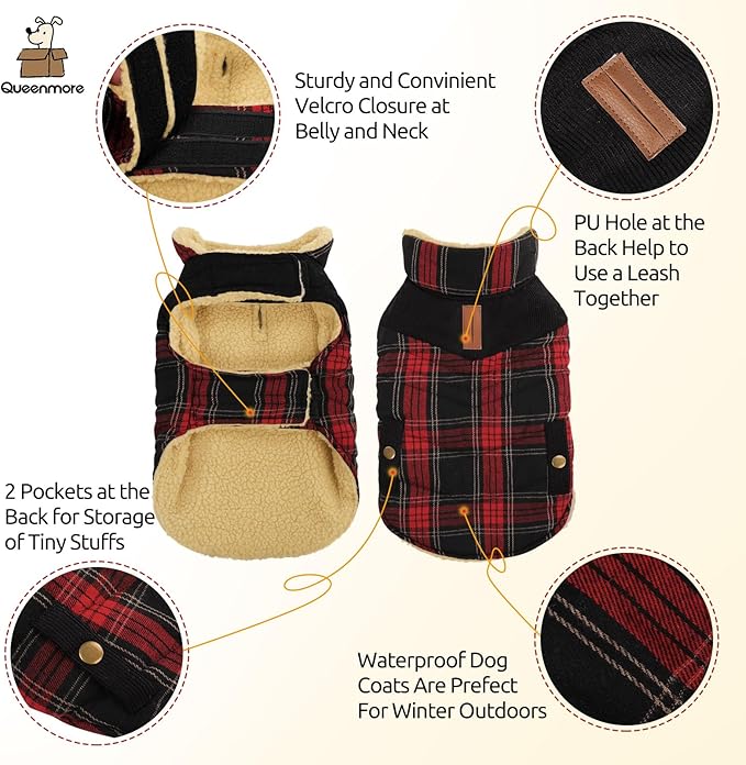 Queenmore Dog Winter Coat Warm Dog Jacket for Cold Weather, Quilting Puffer Plaid Coats for Small/Medium Dogs Waterproof,Girl/Boy Pet Christmas Coat,Pet Snowsuit with Leash Hole/Fleece Padding, M